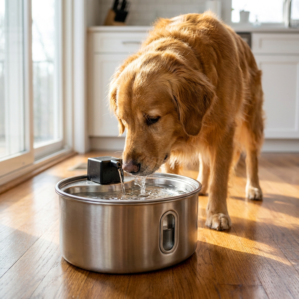 Golden retriever drinking from Pawter fountain in kitchen