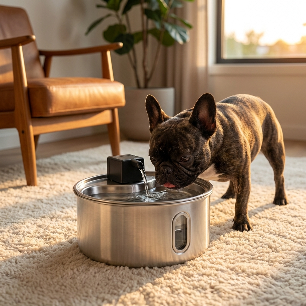 French bulldog drinking from Pawter fountain