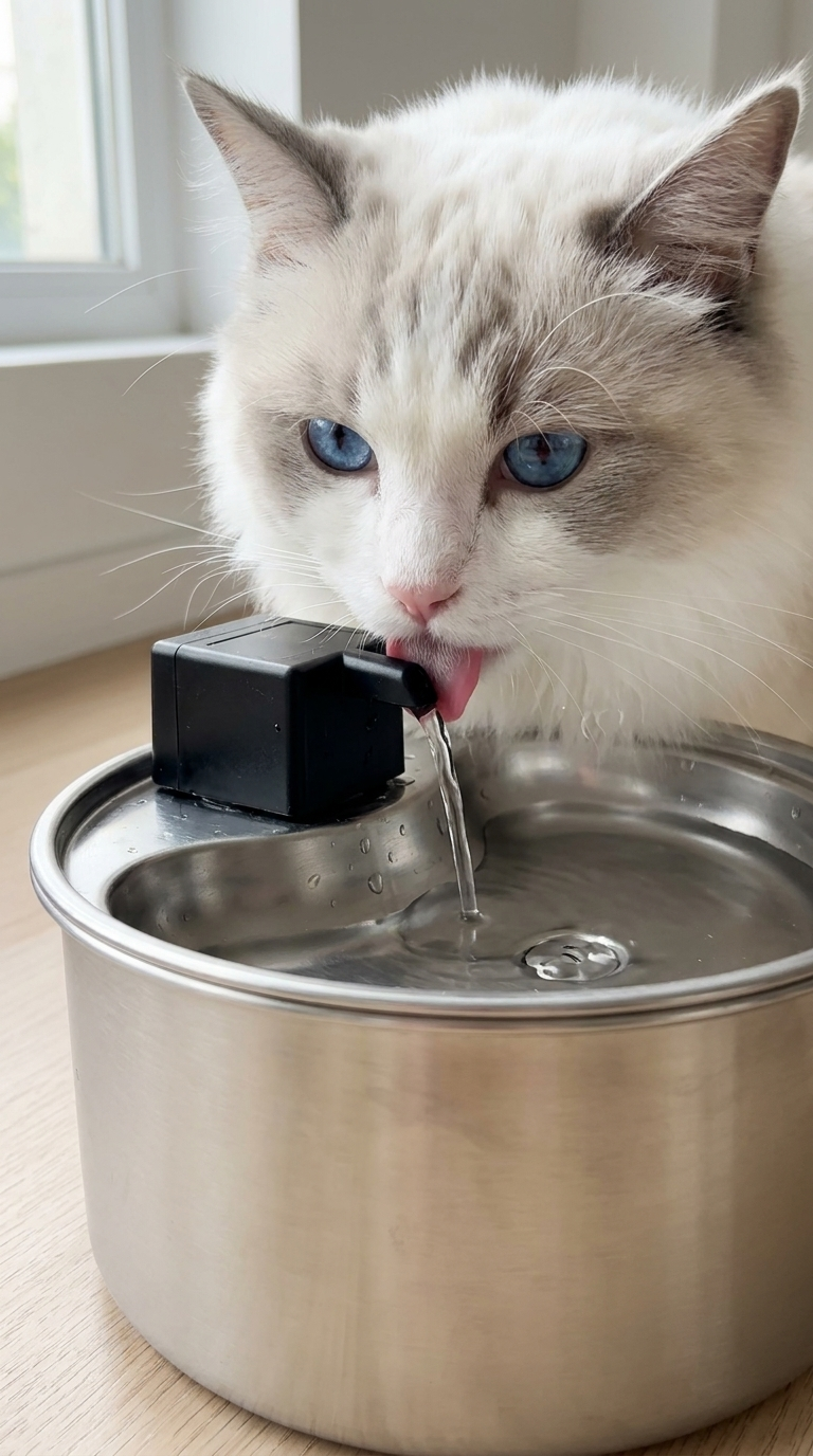 Ragdoll cat drinking from Pawter fountain