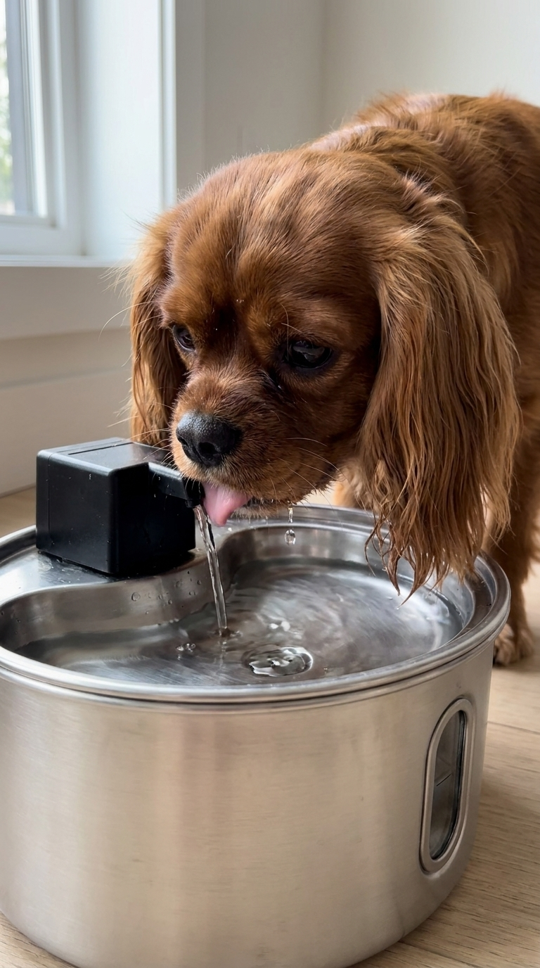 Cavalier King Charles Spaniel drinking from Pawter